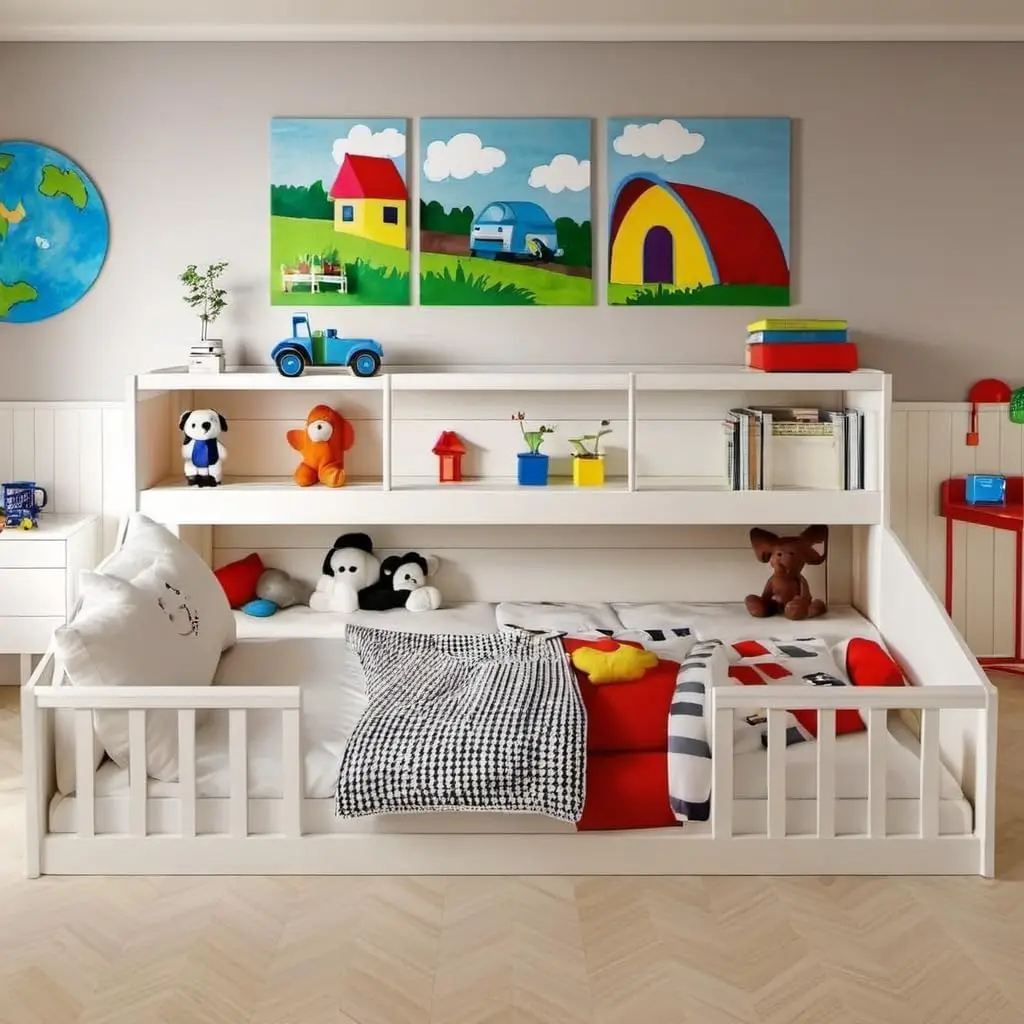 Full Montessori Floor Bed With Bedside Bookcase & Shelves For Girls & Boys,Full Size Floor Bed W/Safety Guardrails For