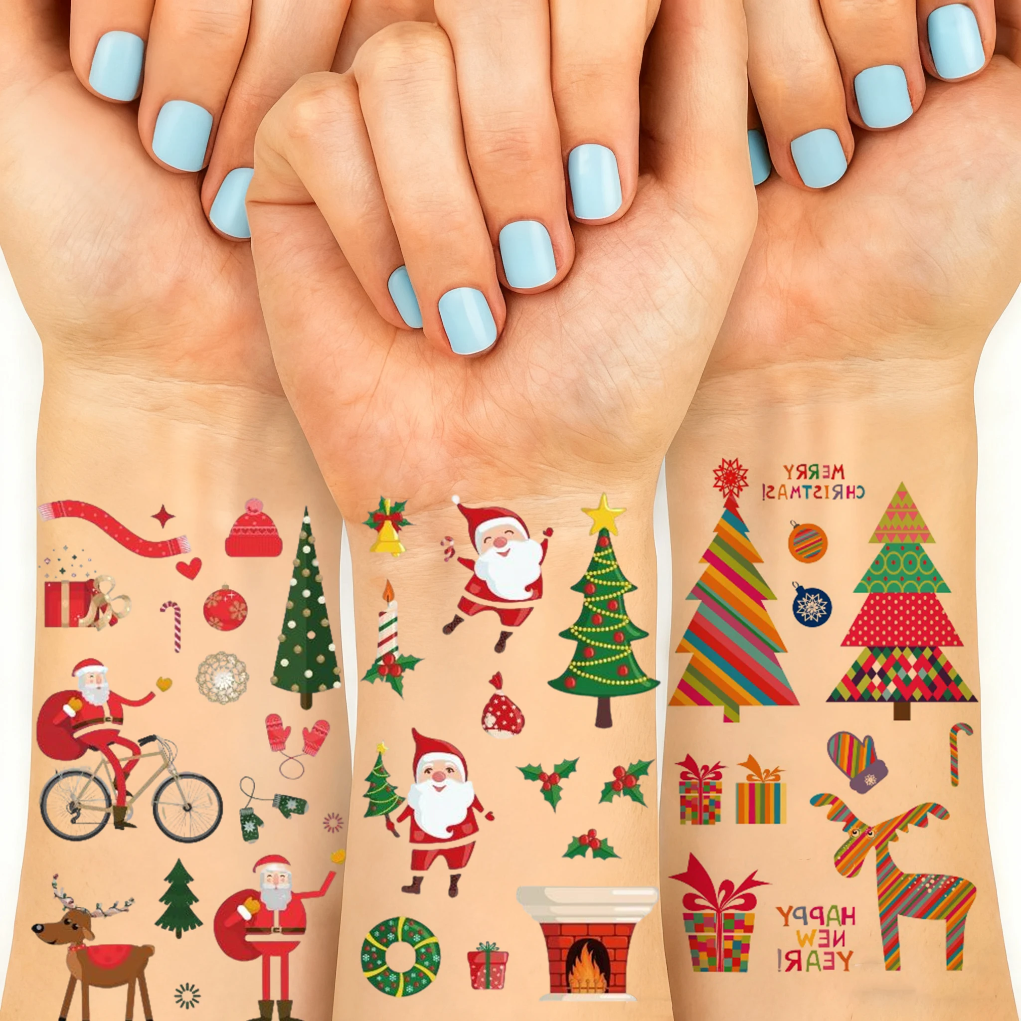 12 قطعة من الوشم المؤقت لعيد الميلاد مع 90+ أنماط للنساء رجل الثلج اللطيف، أشجار عيد الميلاد، الجوارب، سانتا كلوز للحفلات