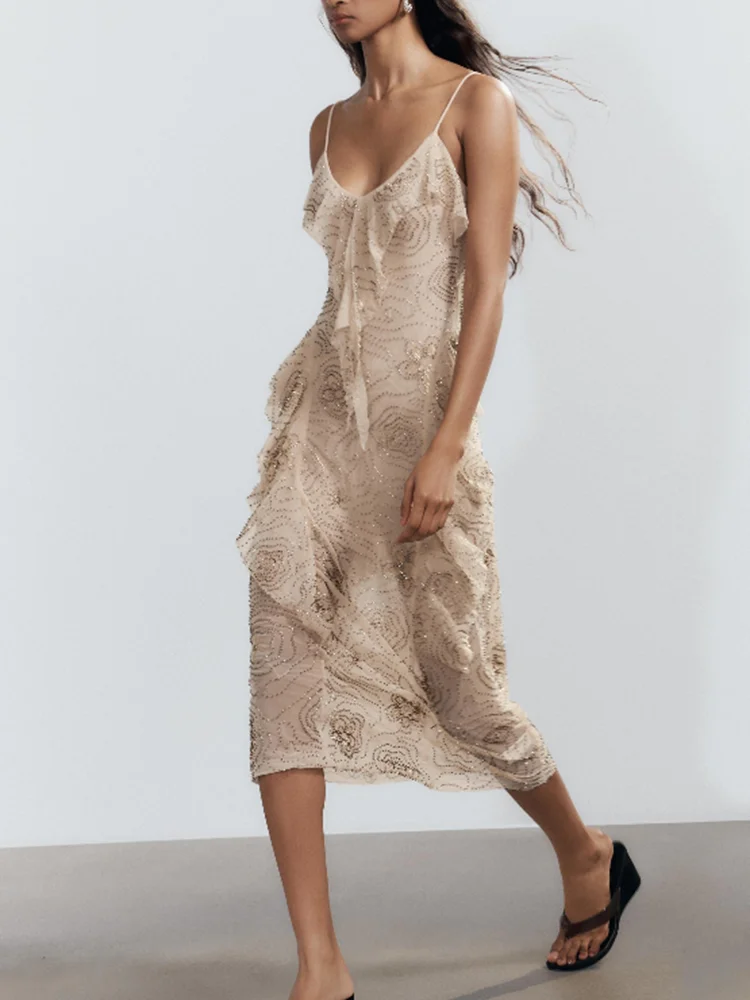 فستان نسائي صيفي عصري مطرز متعدد الطبقات بدون أكمام وصل حديثًا فستان أنيق بحزام رفيع للحفلات