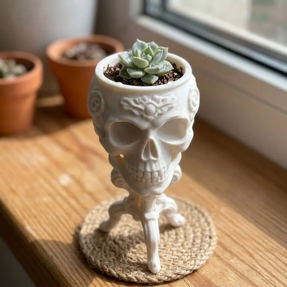 3D Printed Halloween Goblet Skull Planter Gothic Spooky Dark Mini Skeleton Flower Pot Rose Patterns Vintage Carved