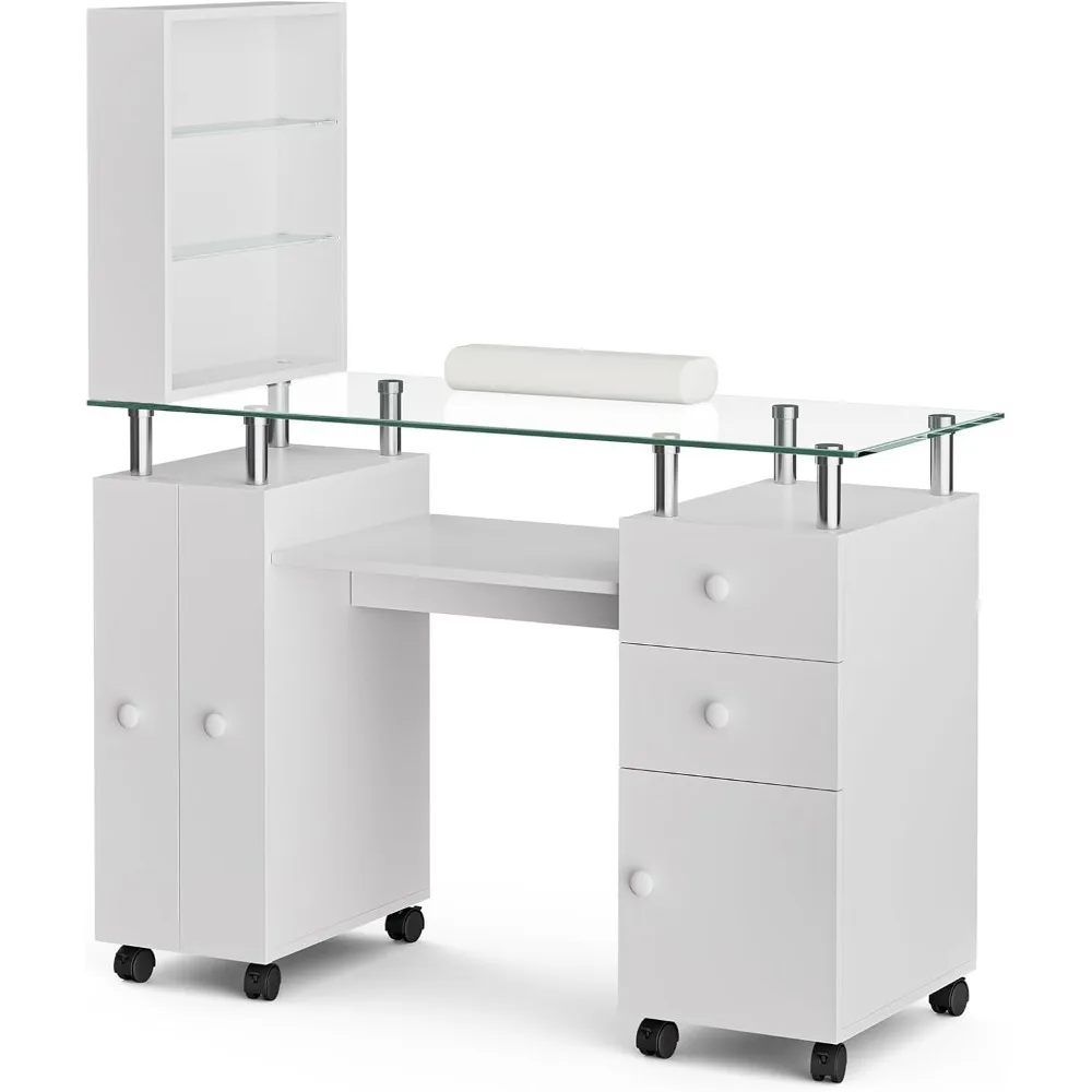 Manicure Table Nail Desk for Nail Tech, Glass Top Nail Table Station Acetone Resistant w/Storage Drawers & Open Shelves