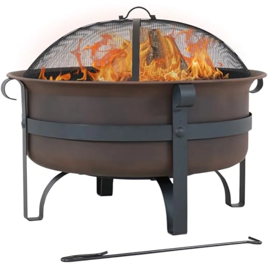 Outdoor wood-burning patio fire pit, 29-inch round dark bronze metal for backyard use, rust-resistant finish and stable base de