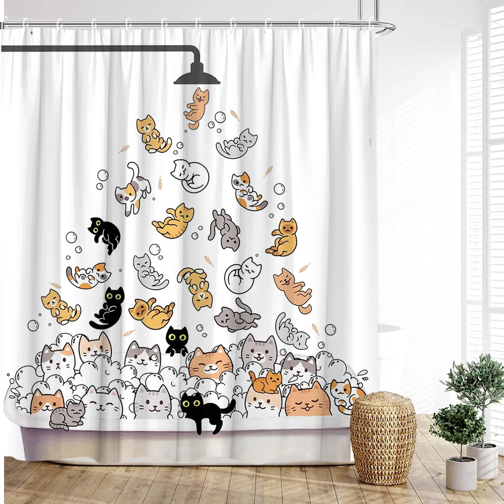 Cortina de ducha de animales de dibujos animados con patas divertidas de gato y perro para niños, decoración de baño familiar con ganchos