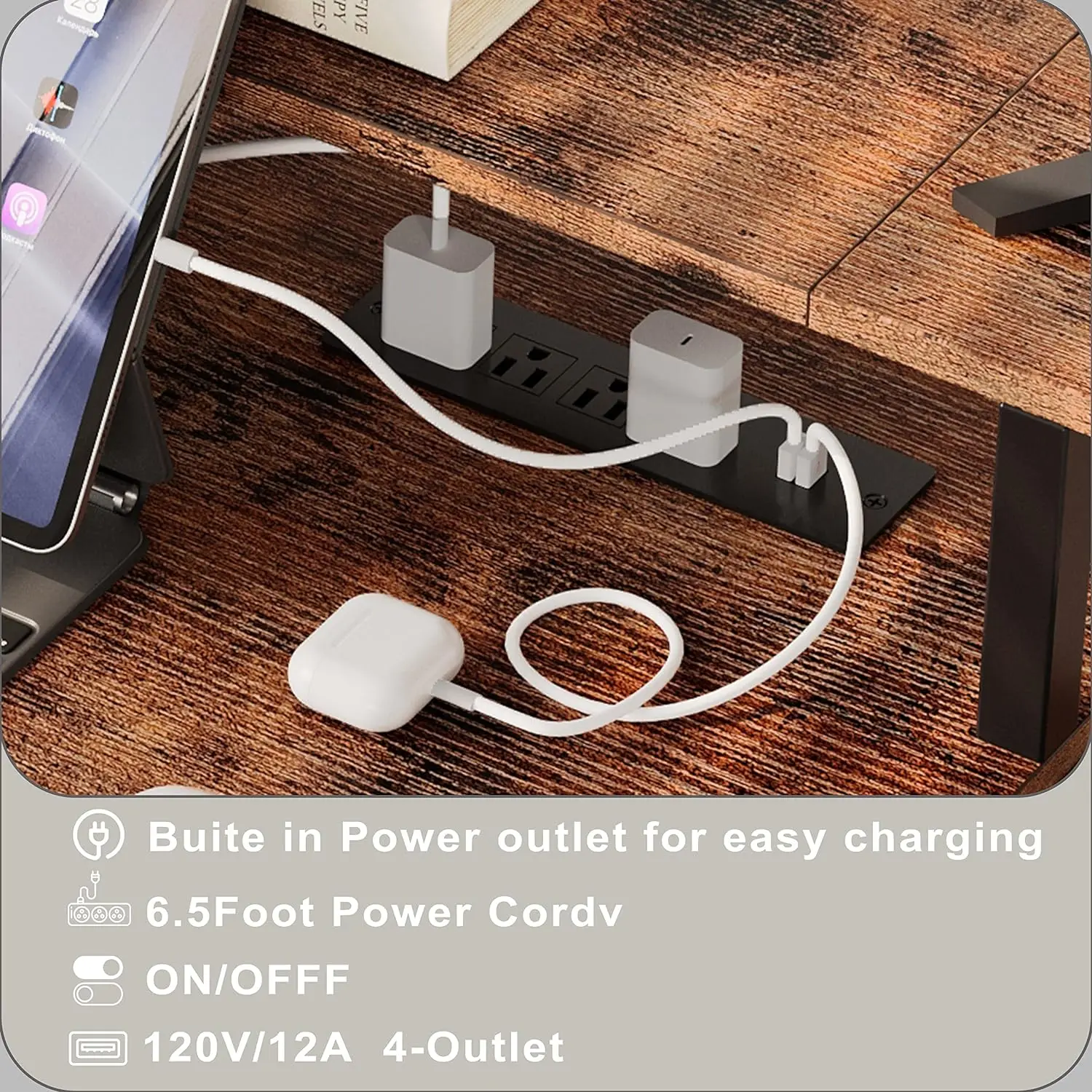 مكتب كمبيوتر على شكل حرف L ، مكتب زاوية 66 بوصة مع منفذ طاقة ، درج ملفات ، درج لوحة مفاتيح ، رف مراقبة رافع وحقيبة تخزين