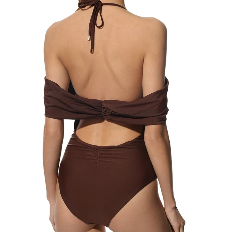 2023 New Brown Printing Simple And Fashionable Swimwear One-Piece Swimsuit Sling-Style Slim Gather Bikini High Waist Beachwear