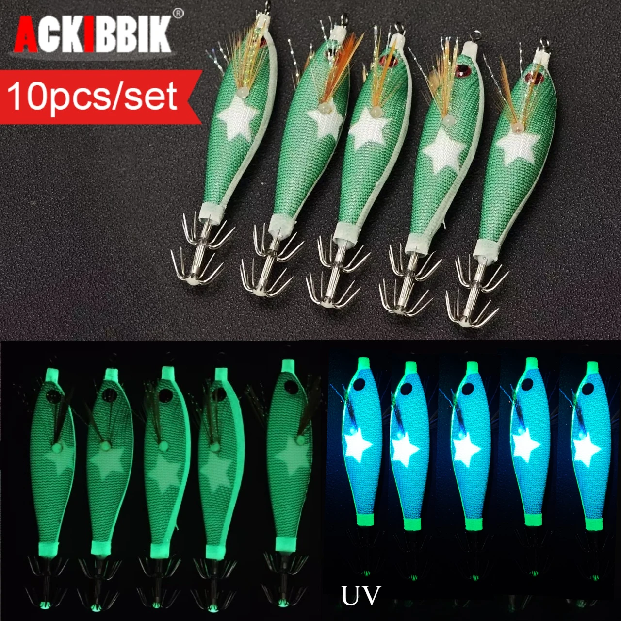 

10pcs Horizontal Squid Jig Egi Set 8cm Luminous Glow in The Dark Wood Shrimp Lure UV Reactive Saltwater Cuttlefish Octopus Bait