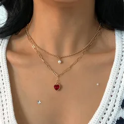 Fashion Boho Punk Artificial Pearl Red Crystal Heart Pendant Necklace For Women Female Vintage Cute Gold-plate Chain Jewelry