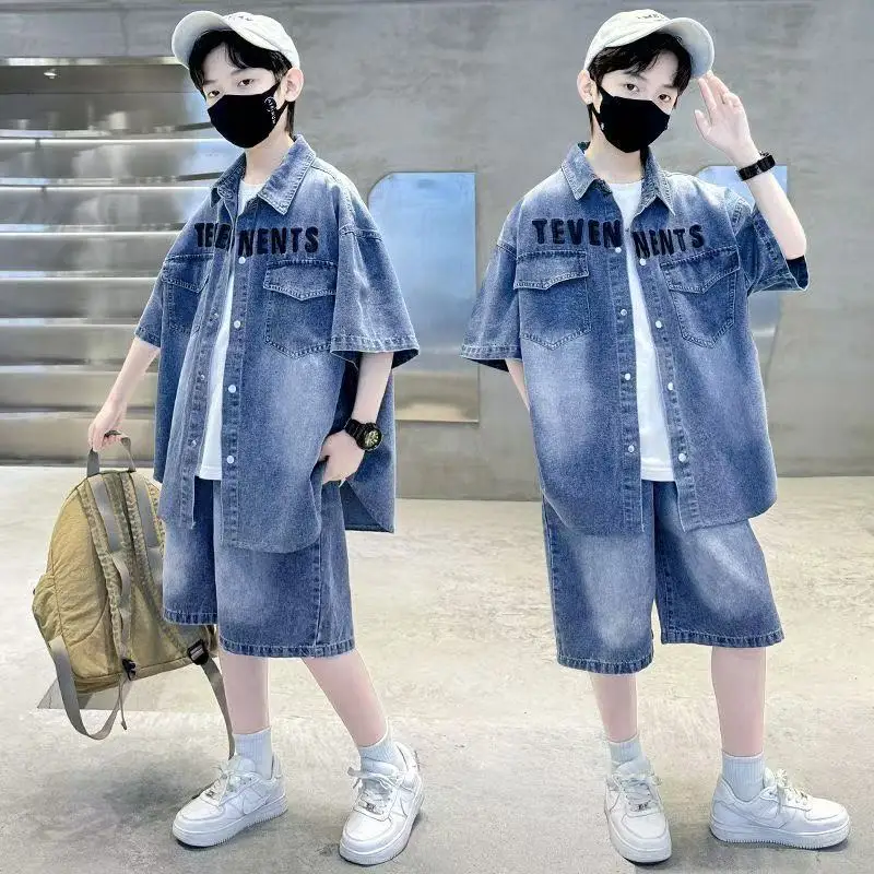 

Boys' Summer Cowboy Set 2025 New Style Middle and Large Children's Handsome Short Sleeve Cardigan Set