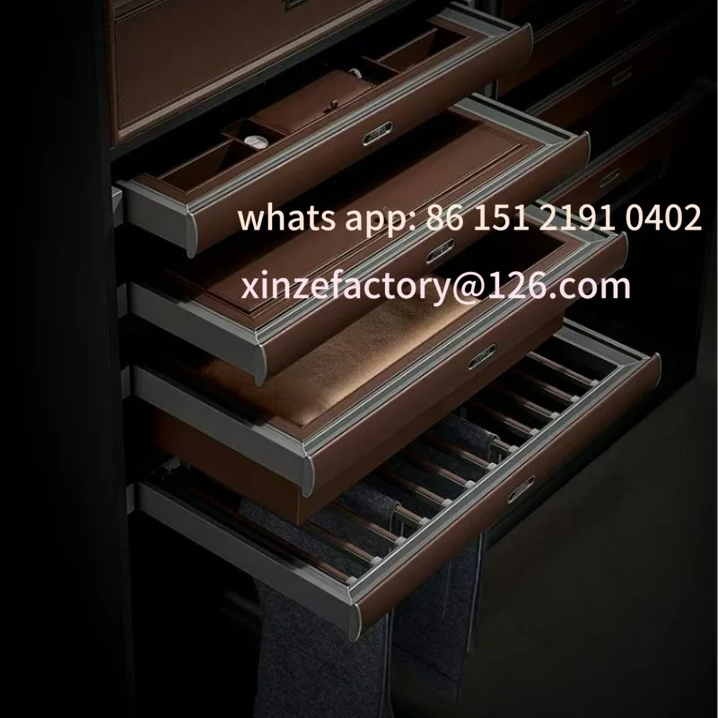 

Customizable Wardrobe Built-in Jewelry Box Drawer Pants Rack Pull Basket Retractable Multifunctional Leather Pants Rack Brown