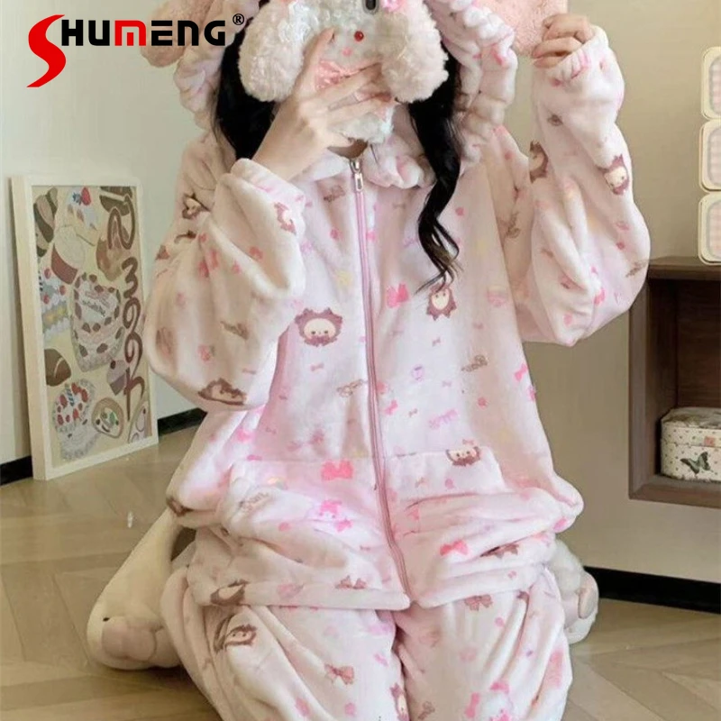 

Осенне-зимний флисовый пижамный комплект для женщин: милый домашний костюм для старшеклассниц, утепленный и на подкладке