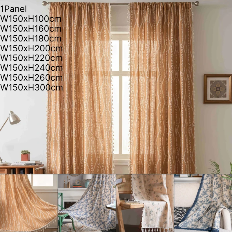 1 Panel Cotton Linen Sheer Curtain Boho Farmhouse Floral Curtains Vintage Cottage Core Western for Kitchen Living Room Bedroom