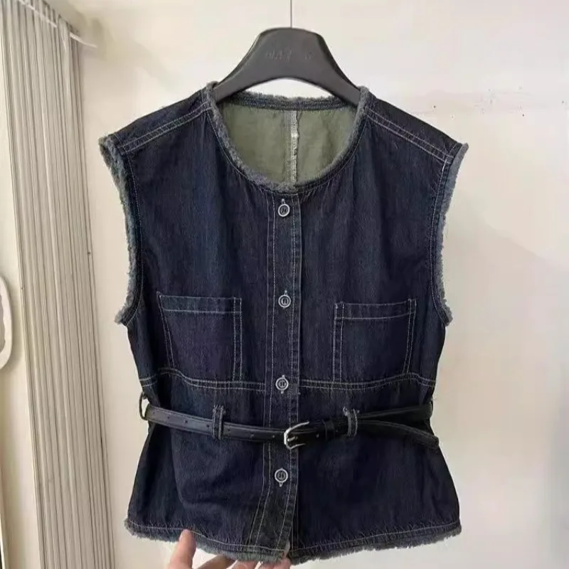 Summer Vintage Frayed Belted Sleeveless Denim Women's Vest Jacket