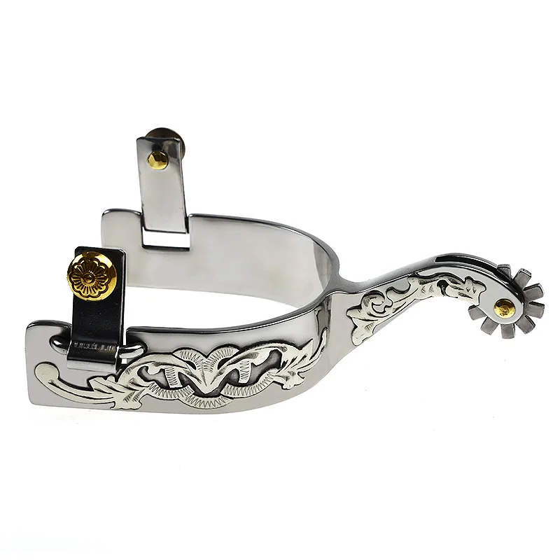 White Steel Men's Western Denim Spurs, Silver Decorative Plate with Gear and Copper Hat Buckle, Sold By Pair