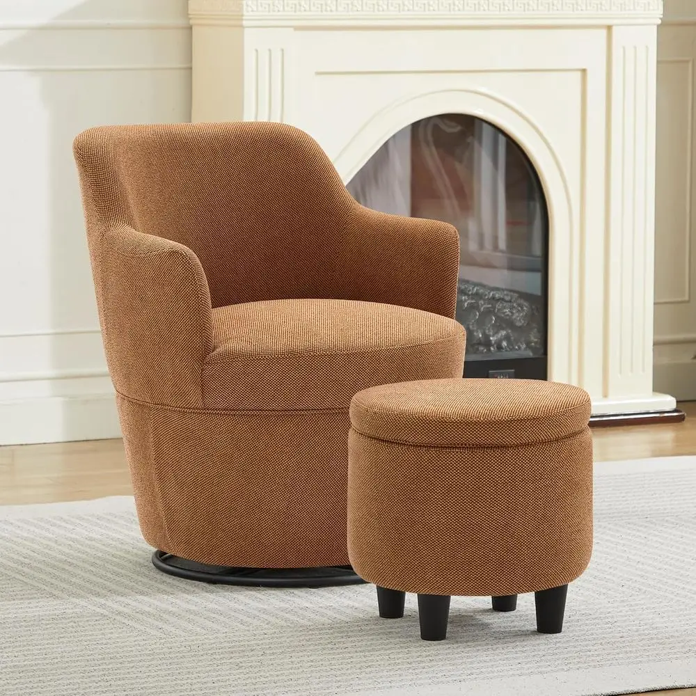 Swivel Accent Chair with Storage Ottoman, Brown | Linen, Small, Barrel, Reading Chair, Vanity Chair, Comy Single Soa, Armchair,