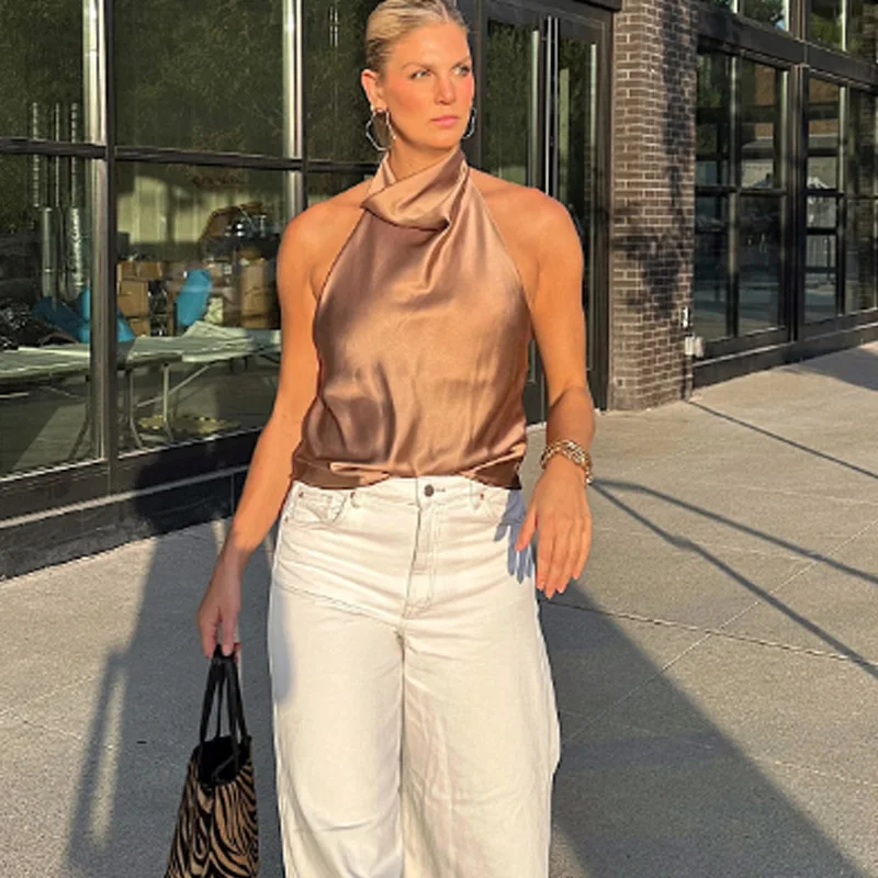 HXAO ホルターネック イエロートップ レディース サマー サテン タンク＆キャミソール ノースリーブ バックレス クロップトップ 女性用 コルセット ホワイト ブラック ブラウン ベストトップ