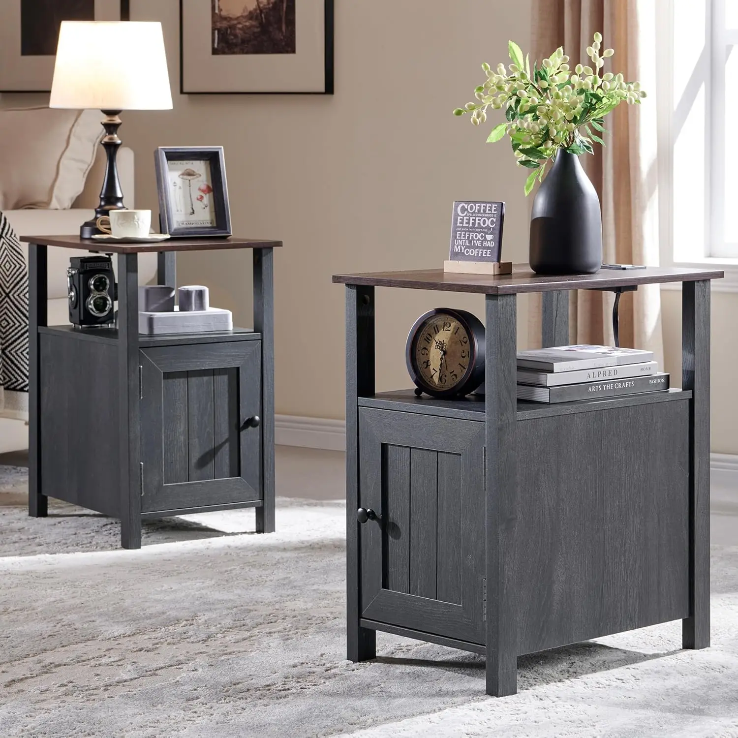 Farmhouse Nightstand Set of 2, Rustic Side Table with Charging Station, Barn Door & Open Shelves, Dark Grey