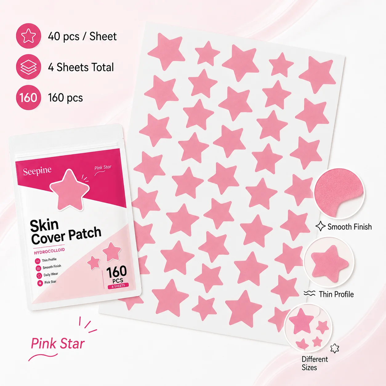 160pcs Pink Star Patches, for Facial Coverage, Conceals, Blocks Dust, Powder-Proof, Sweat-Proof, for Decoration, Photos, and Par