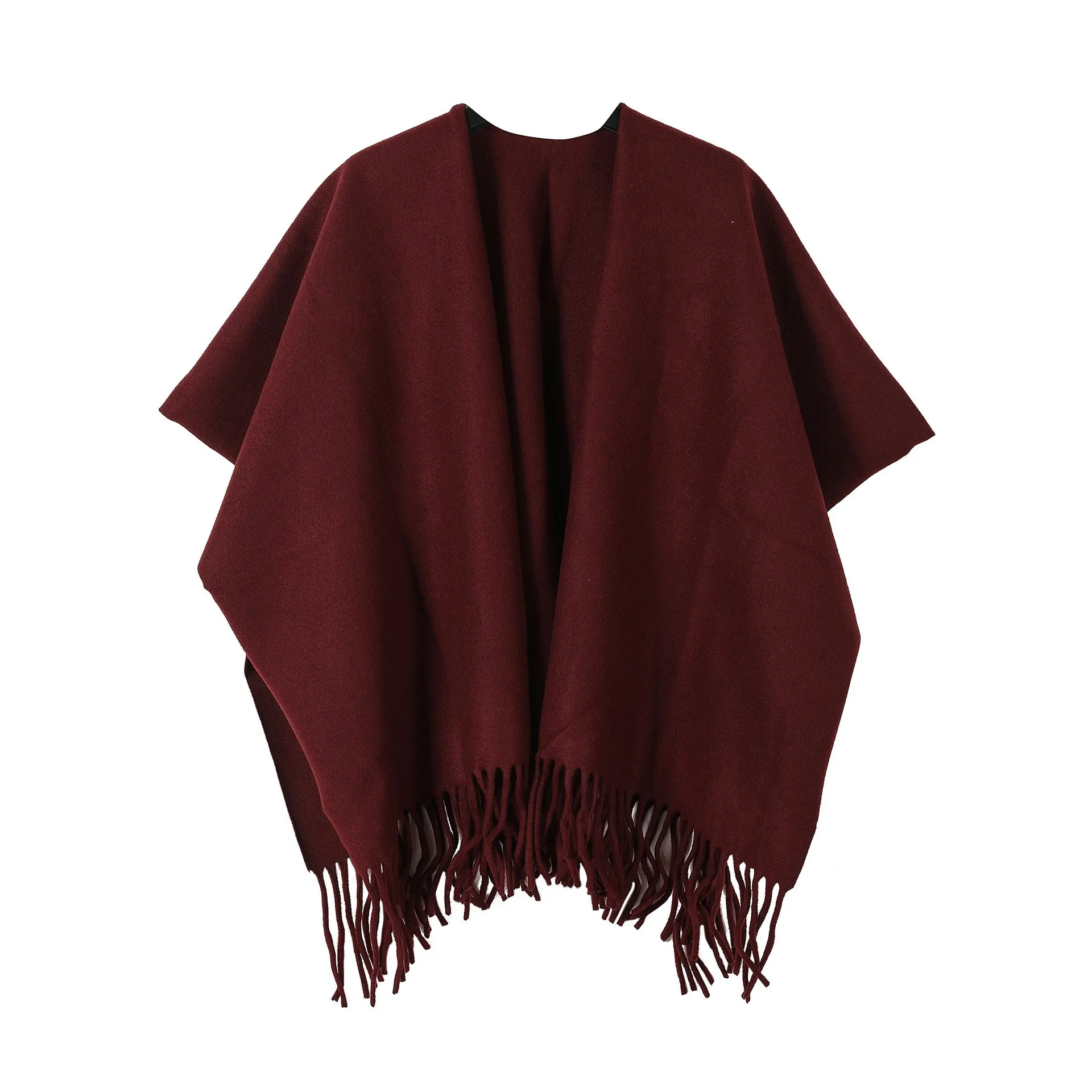 Solid Color Drapey Tassel Split-Hem Shawl Thickened And Warm Short-Sleeve Cape Women'S Autumn&Winter Coat Perfect For Layering