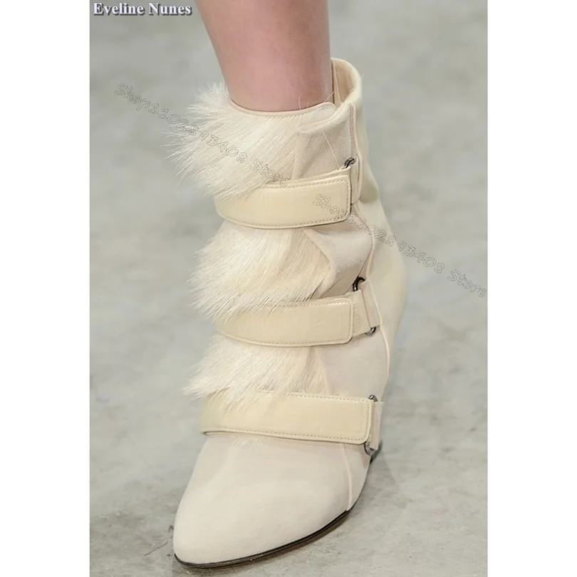 

White Fur Decor Hook Ankle Boots Wedges Heels Splicing Pointed Toe British Style Fashion Dress Party Boots Zapatos Para Mujere