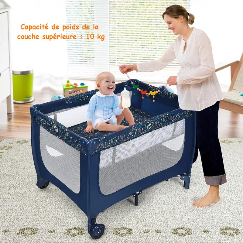 Lit parapluie bébé avec matelas sur roulettes, sac de transport, parc pour bébé 0-36 mois, charge maximale : 15 kg, auvent imperméable bleu anti-UV pour patio, jardin, piscine, plage, café, restaurant, jardin, cour.