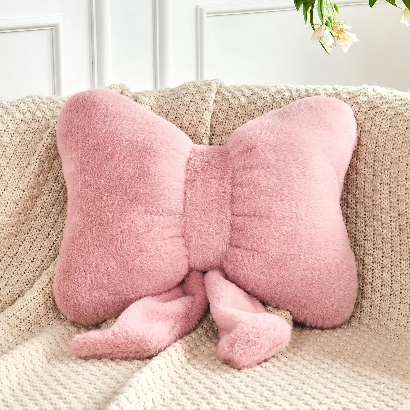 Dusty Pink Bow Pillow, Soft Bow Decorative Pillows with Faux Rabbit Fur, Cute 12