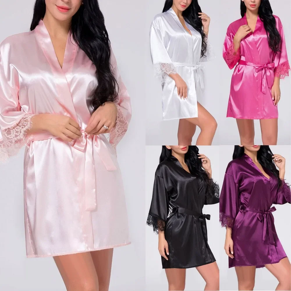 Women Sexy Lingerie Satin Robes Lace Nightdress Bridesmaid Robes Comfort Nightwear Sleepwear Lady Kimono Bathrobe Gown Negligee