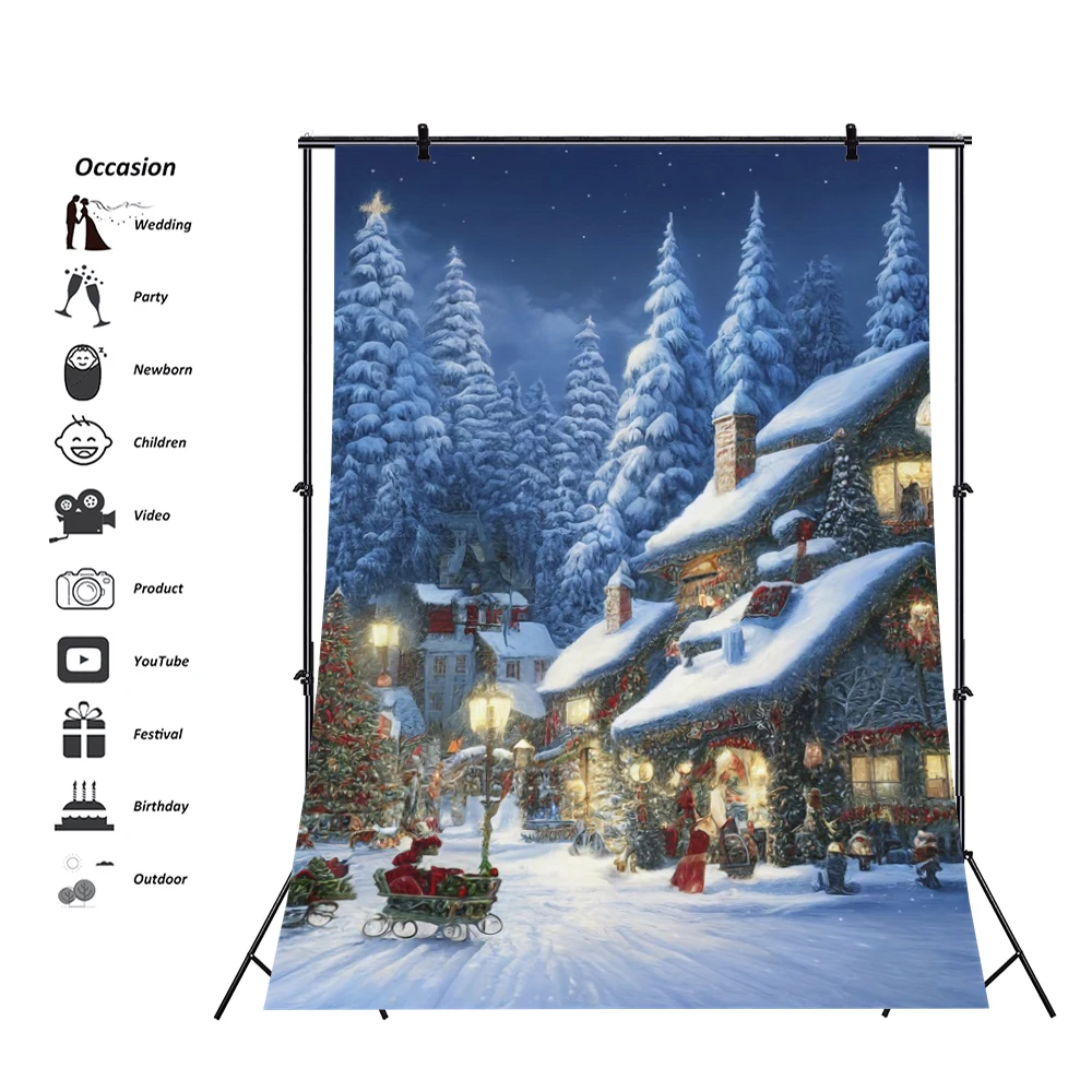 

Christmas Village Backdrop Night Street Snowy Scene Xmas Houses Winter Forest Decoration Photography Background Vertical Photo