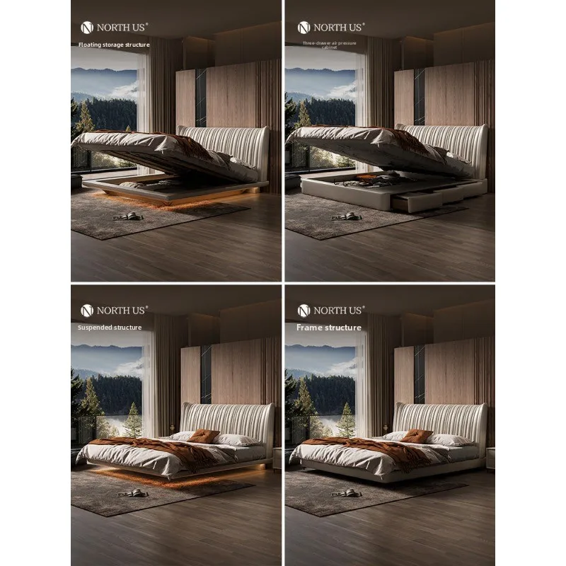 light luxury leather first layer cowhide high box storage double bed 1.8 meters master bedroom modern shell suspension bed PF
