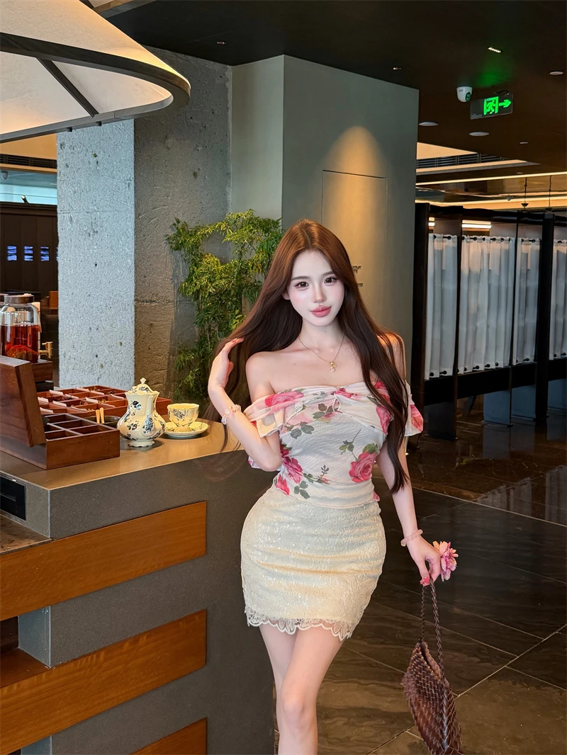 

Kumikumi Pure Desire Floral Print Chiffon Top And Skirt Set Women's Slimming Summer Fashion Two-Piece Suit Shoulder Baring