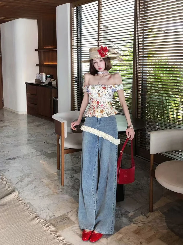 

Летний комплект Pitao: топ и джинсы с цветочным принтом, женская одежда во французском стиле с цветочным узором для женщин