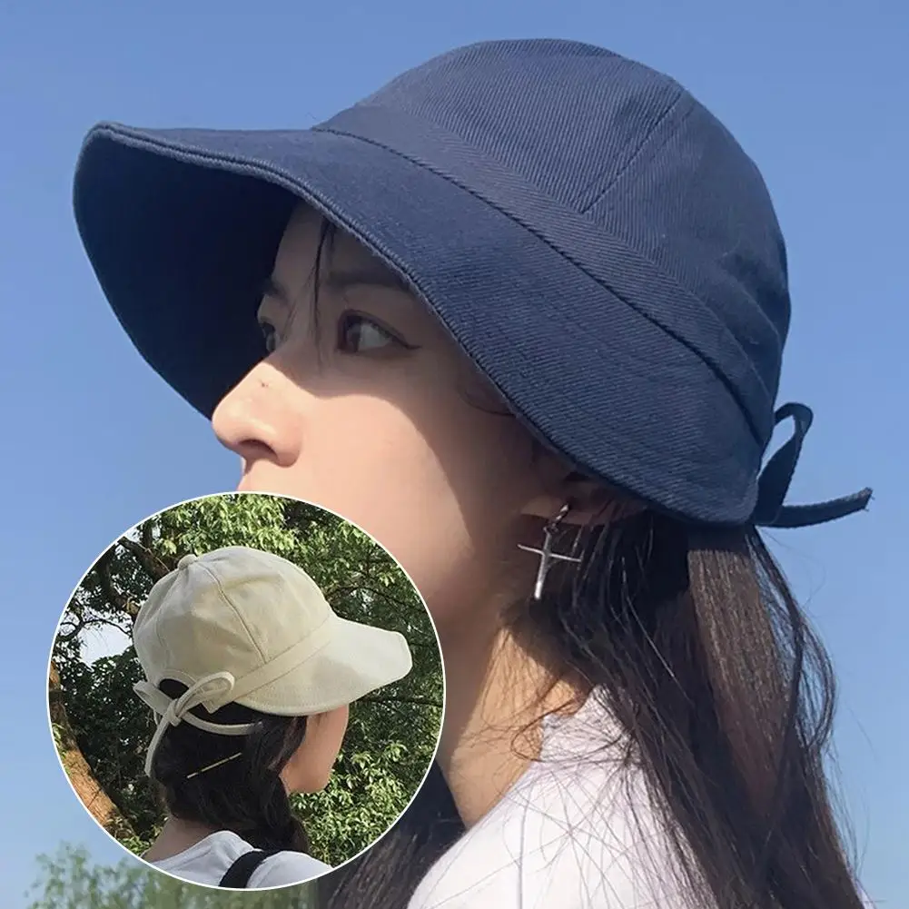 

Women Summer Sun Hat With Big Bow Foldable Outdoor Protection Wide Brim Bucket Hat Cap Caps Ponytail Fisherman UV Panama H9N3