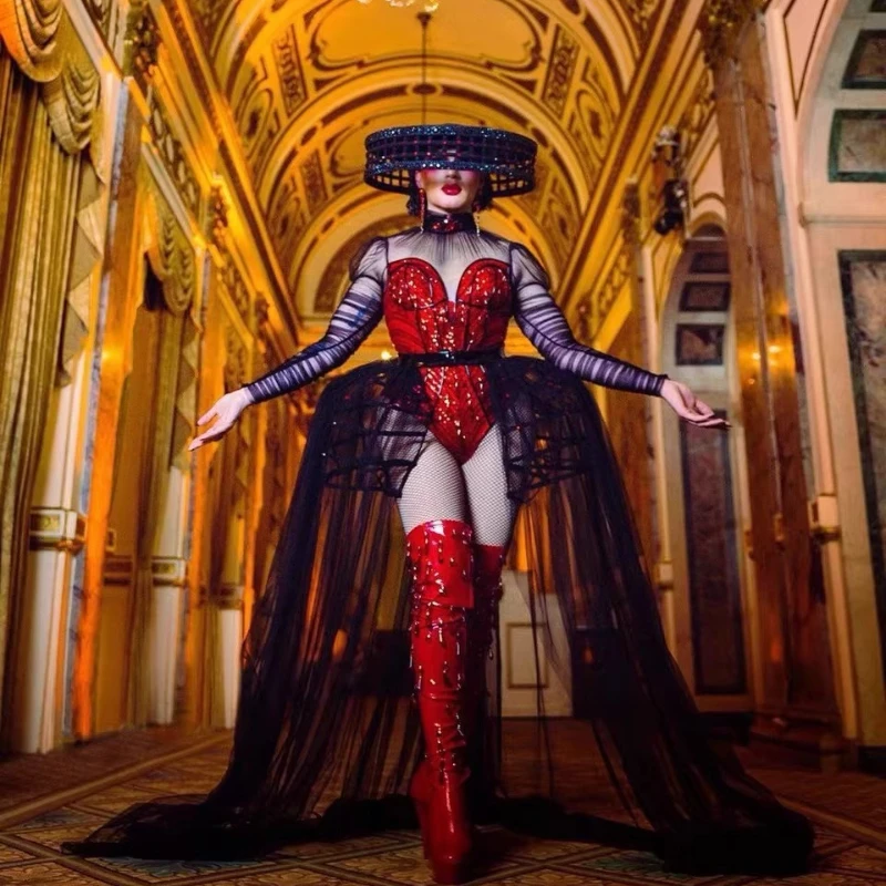 

Sexy Red Large Skirt Birdcage Group Train Gogo Shimmer Bodycon Skirt Custom Performance Party Costume Halloween Cosplay Suit