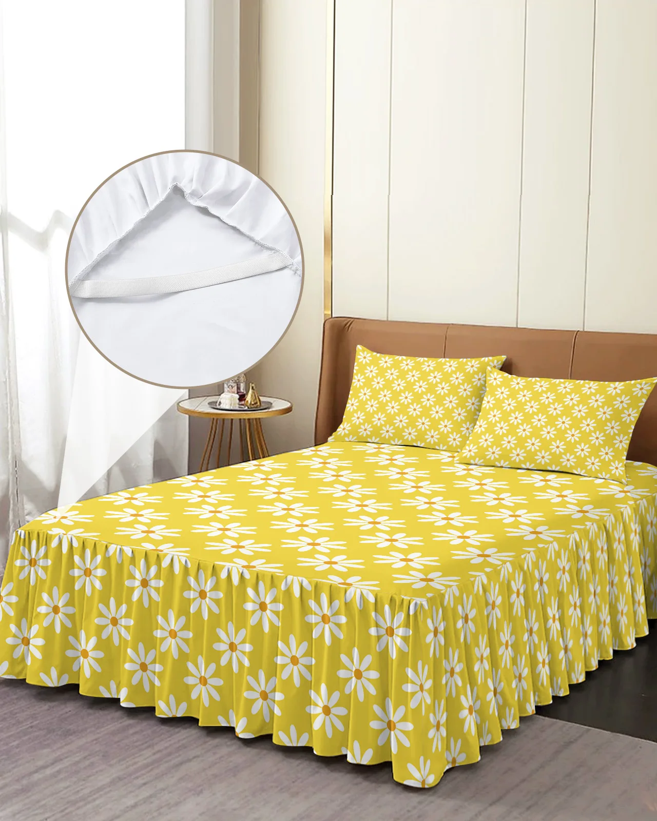 Yellow Daisy Flower Bed Skirt Elastic Fitted Bedspread With Pillowcases Bed Protector Mattress Cover Bedding Set Bed Sheet