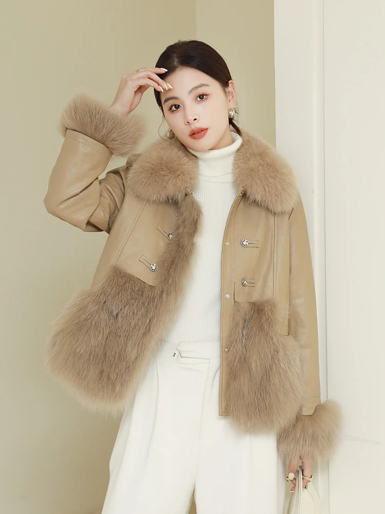 2023 New Fashion Natural Fox Fur Coat Women\'s Genuine Sheepskin Leather Jacket Warm Luxury Female Coats