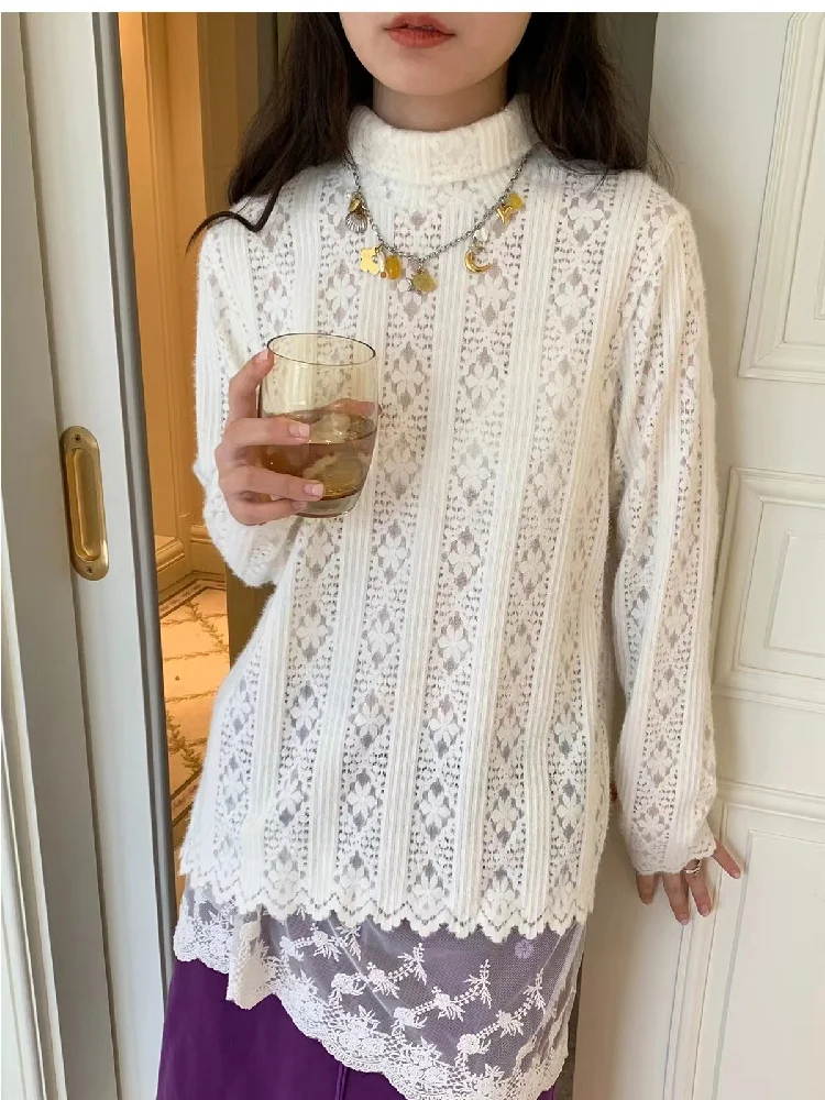 Chemisier à col roulé en dentelle à manches longues pour femmes, chemises évidées, chemisiers vintage, tempérament, mode élégante, Y-Camisas De Mujer