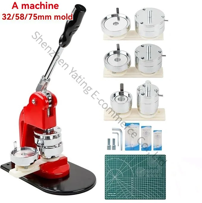 Button Press Machine Badge Press Red Badge Machine 32/58/75mm 3-in-1 Set Bottle Opener Screwdriver Keychain Badge Machine