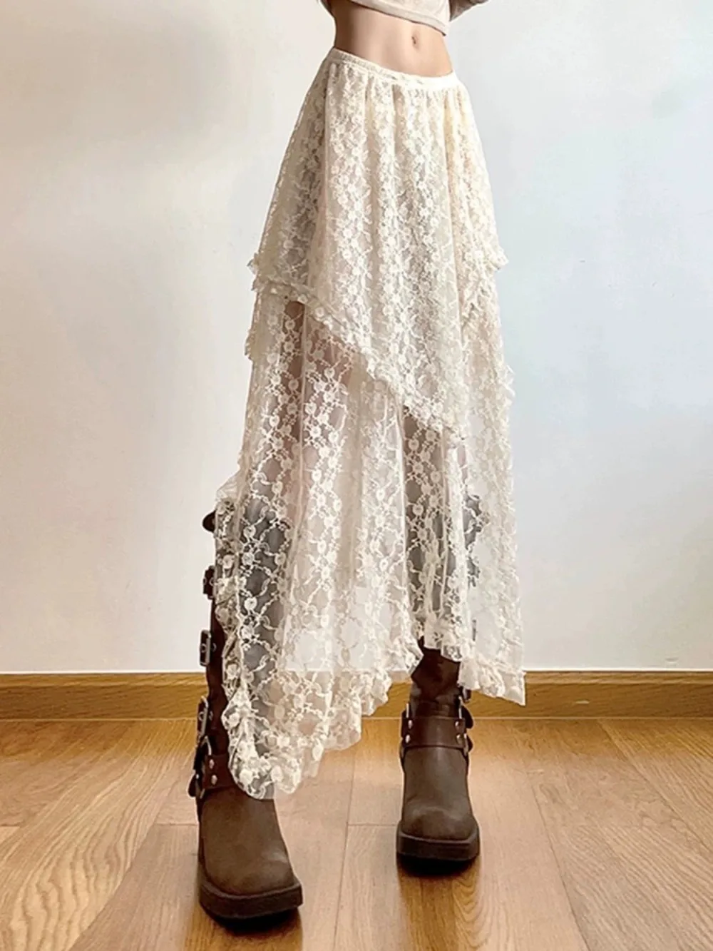 Vintage Hohe Taille Spitze Unregelmäßigen Asymmetrischen Rock Fairycore Frauen Sexy Y2K Boho Ästhetischen Mid Röcke Dame Urlaub Outfits – Detail 6