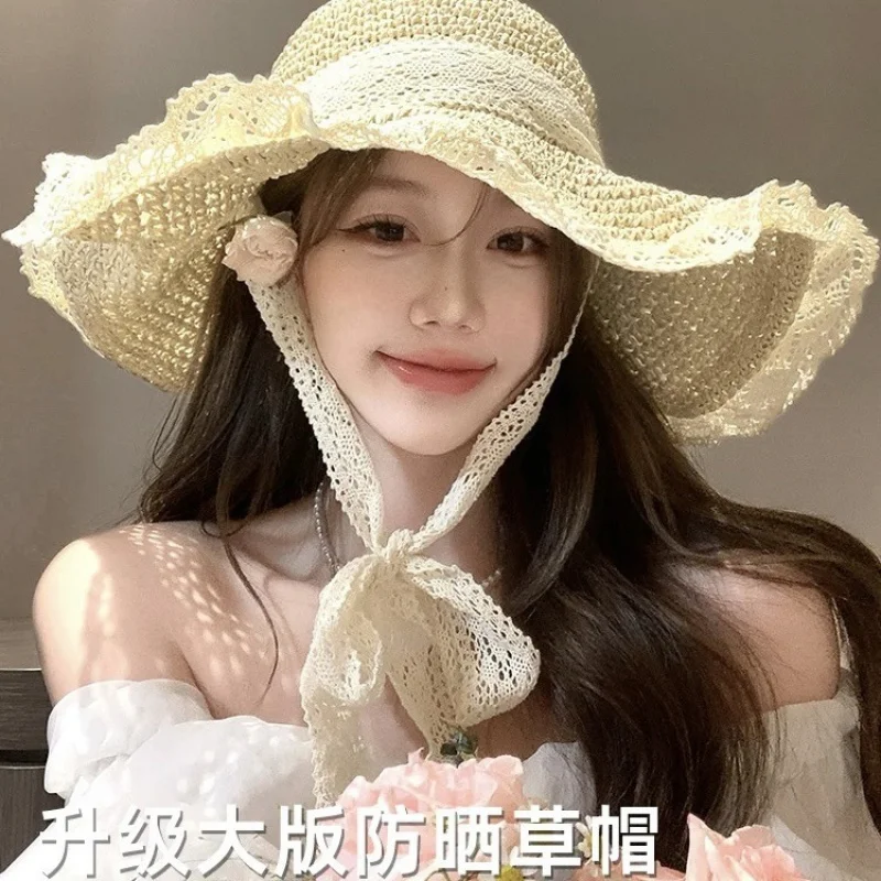 

Custom-Border Lace Trim Beach Hat Straw Hat Women Summer Rolled Hollow Raffia Hat with Wide Brim