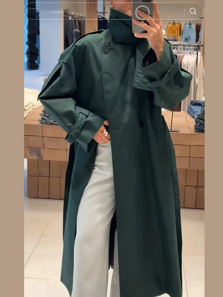 Women Green Long Trench Coat Fashion Full Sleeve Lace Up High Collar Oversized Jacket 2025 Autumn Winter Lady Street Windbreaker