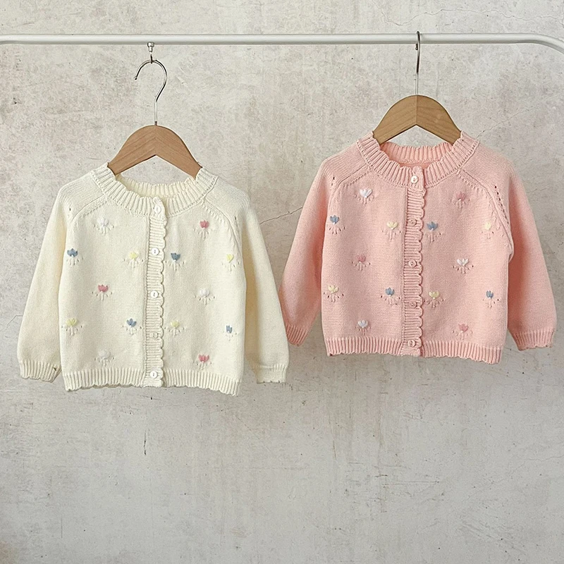 

2024 New Autumn Infant Baby Girls Knitting Cardigan Long Sleeved Knitted Flower Embroidery Newborn Baby Girls Sweater Coat