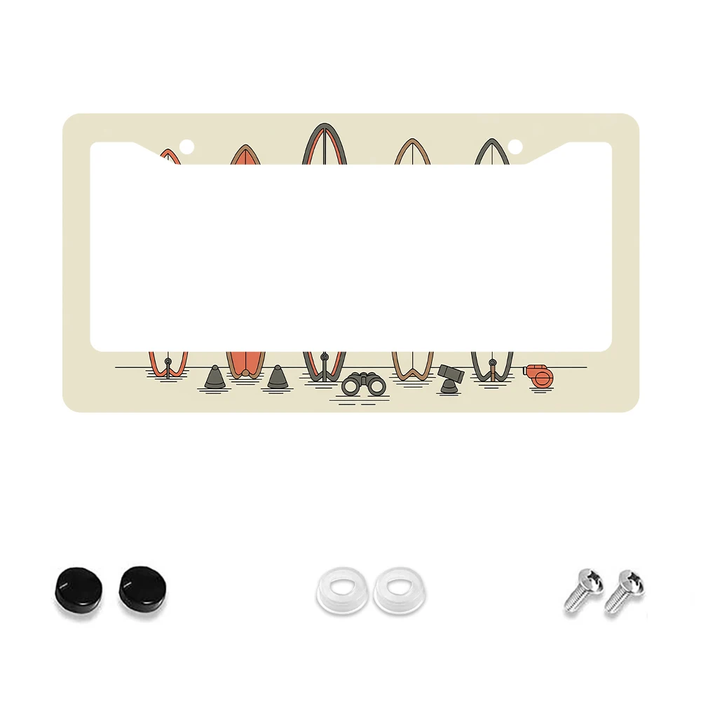 

1pc Beige 2-Hole License Plate Frame with Camping Gear Pattern, Aluminum Material, 6x12 Inches, Includes Screw Car Decoration