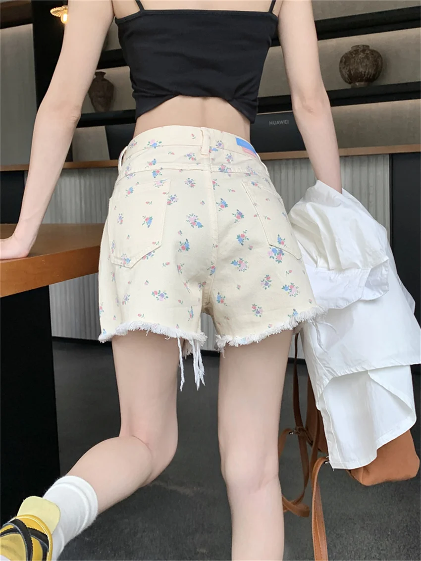 Alien Kitty Beige Women Wide Leg Shorts Slim Flowers Loose Office Lady High Waist Casual Jeanswear Party Early Autumn Denim