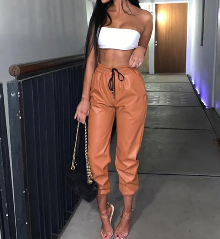 

Woman Pants High Waist Leather Pants Solid Color Casual Loose Elastic Drawstring High Waisted Pu Leather Pants Ankle Trousers