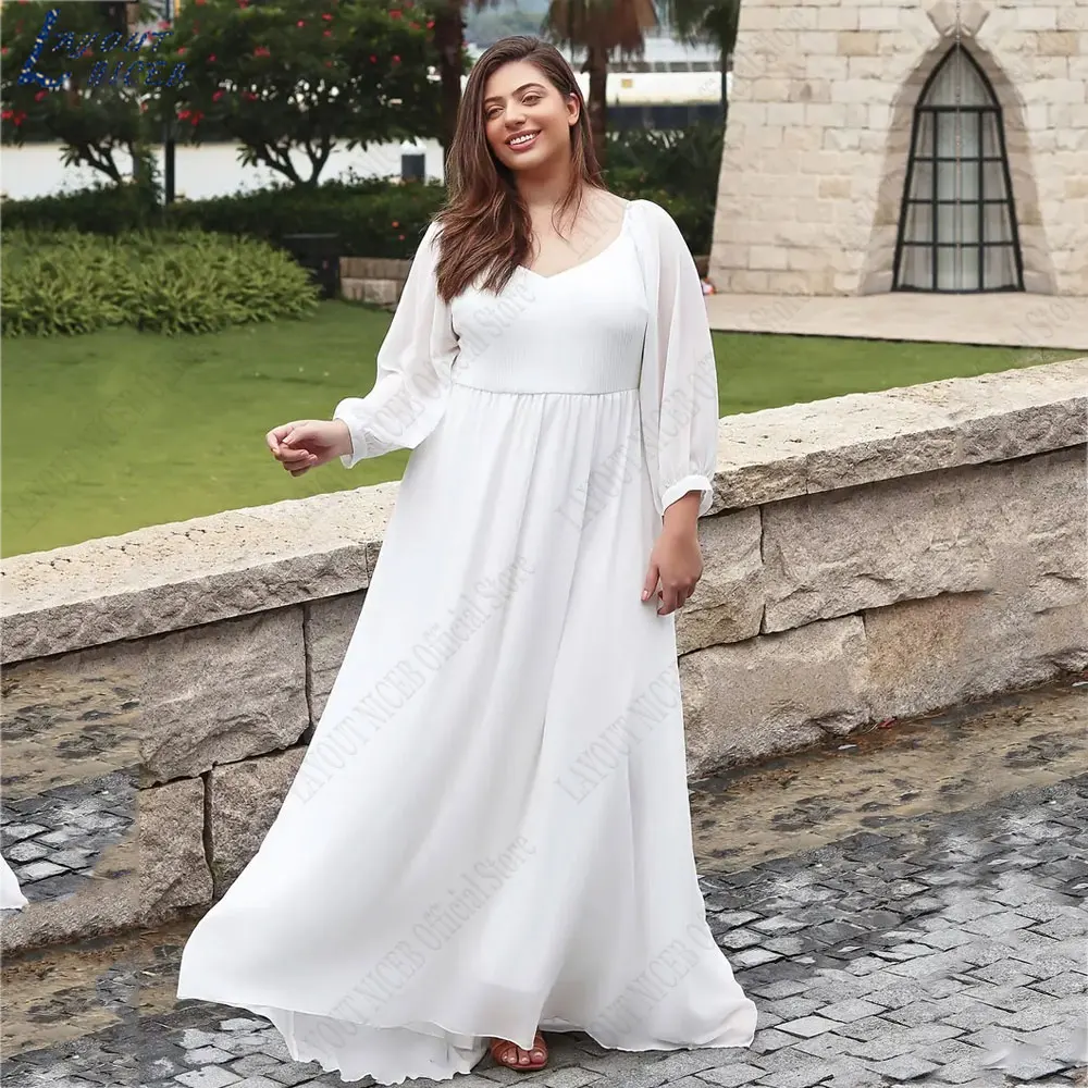 LAYOUT NICEB V-Neck Chiffon Plus Size Wedding Dresses Full Puff Sleeves A-Line Bride Gown Backless Zipper vestidos de novia 2024