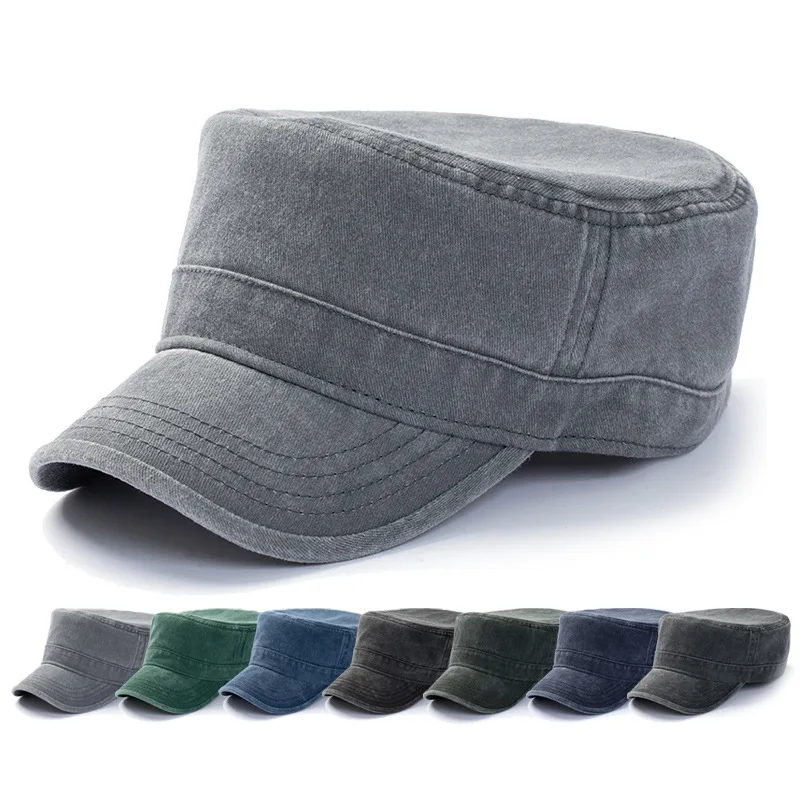 

Flat top military hat for men, washed and aged in spring and autumn, pure cotton duckbill hat, European and American outdoor sun