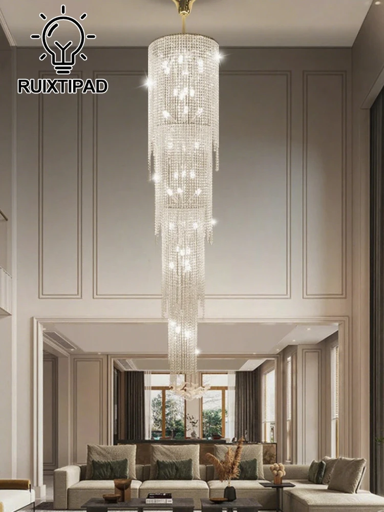 

Luxury Crystal Chandelier for High Ceiling Rotate Staircase Villa Hotel Living Room High Pendant Light Indoor Lighting Fixture