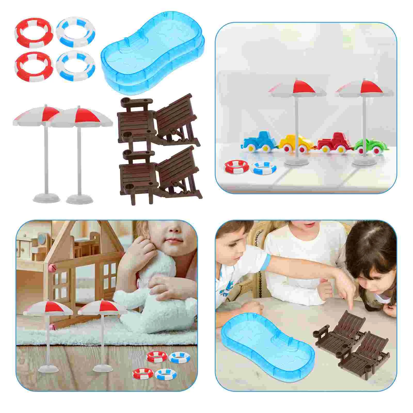 2 Sets House Beach Chair Mini Furniture Model Swim Pool Swimming Ring Miniature Decor Plastic Seaside Lounger