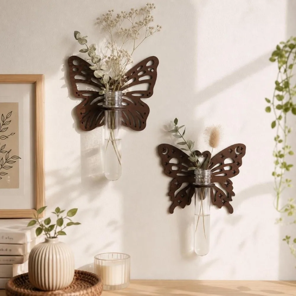 Wooden Hydroponic Planter Shelf Home Ornaments Butterfly-Shaped Wall Decoration Vase Hollow Out Flower Pot Plant Lovers