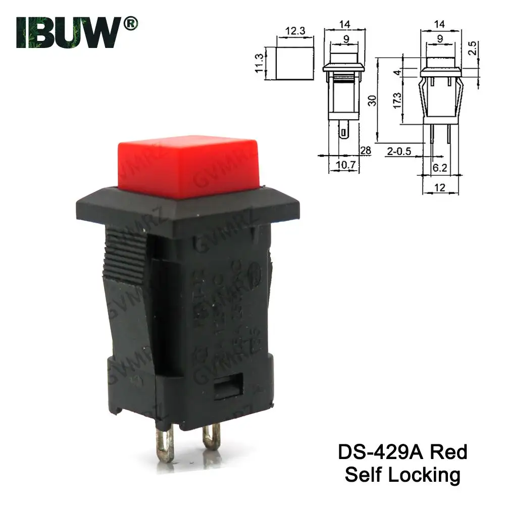 DS-430/429B/429A 2Pin Black Red Green Yellow Square-shaped Push Button Switch Self-locking/Momentary 3A 125VAC 1.5A 250VAC