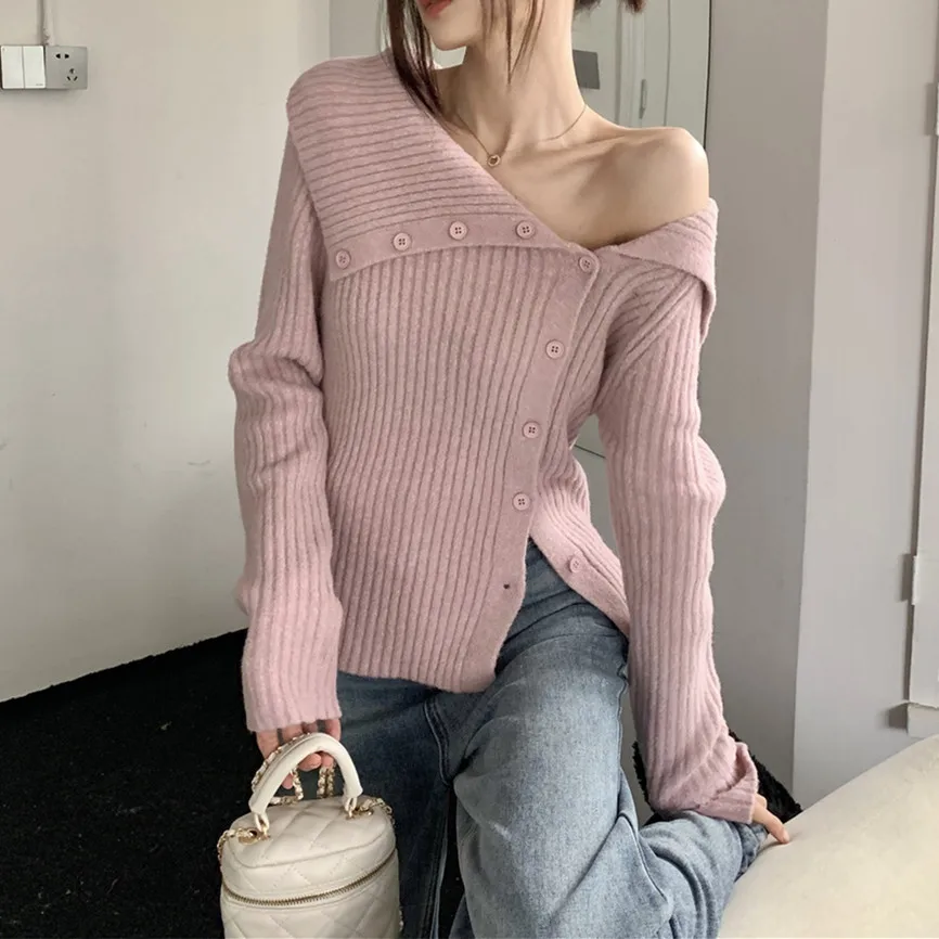 2024 Women Sweater Button Off Shoulder Cardigan Kintted Jacket Long Spring Autumn Loose Winter Warm Jumper Coat Cardigans